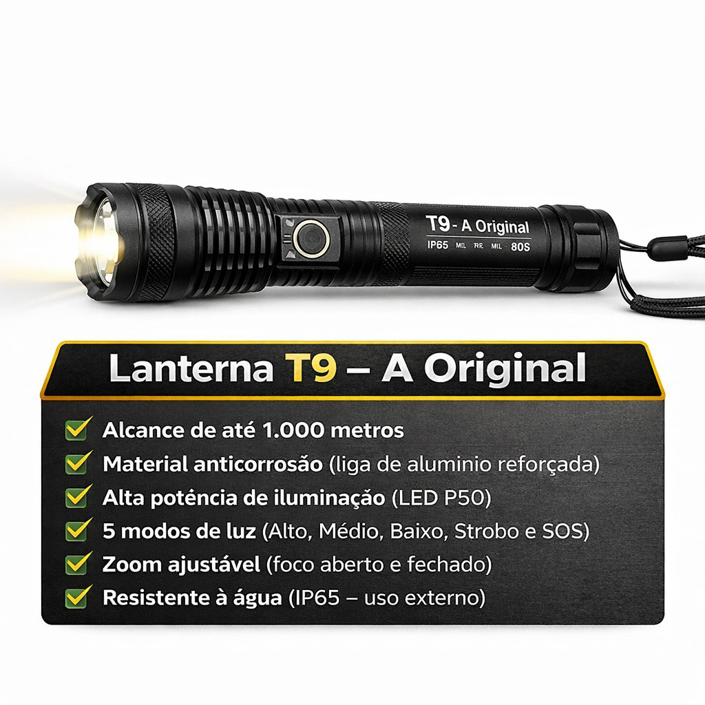 Lanterna Super Potente T9 P50 Tática Mais Forte Do Mundo Potente Sitio Fazenda Acampamento Camping Segurança