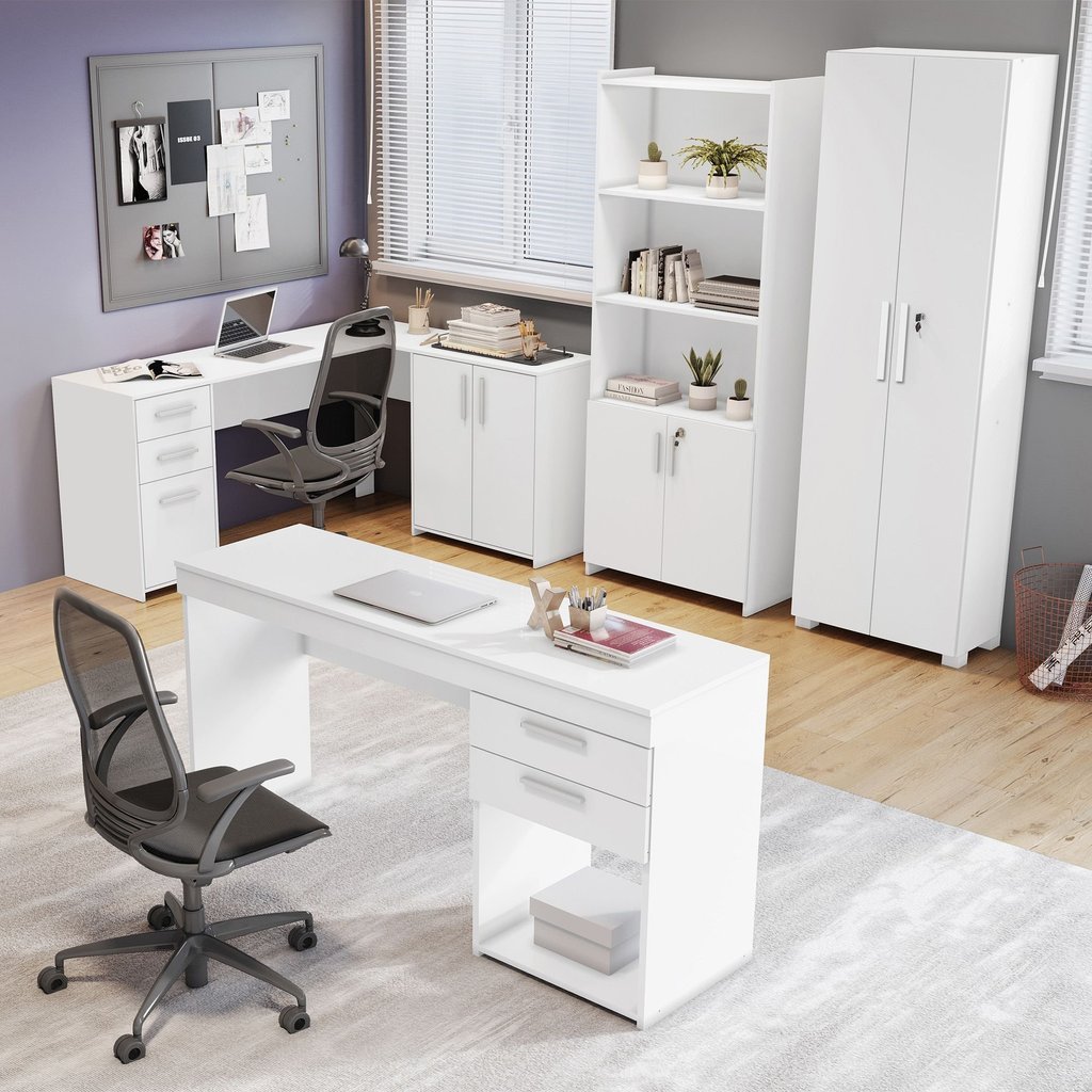 Conjunto 4 Peças com Mesa para Escritório em L 1, Escrivaninha, Armário Multiuso Aberto e Fechado Branco Branco