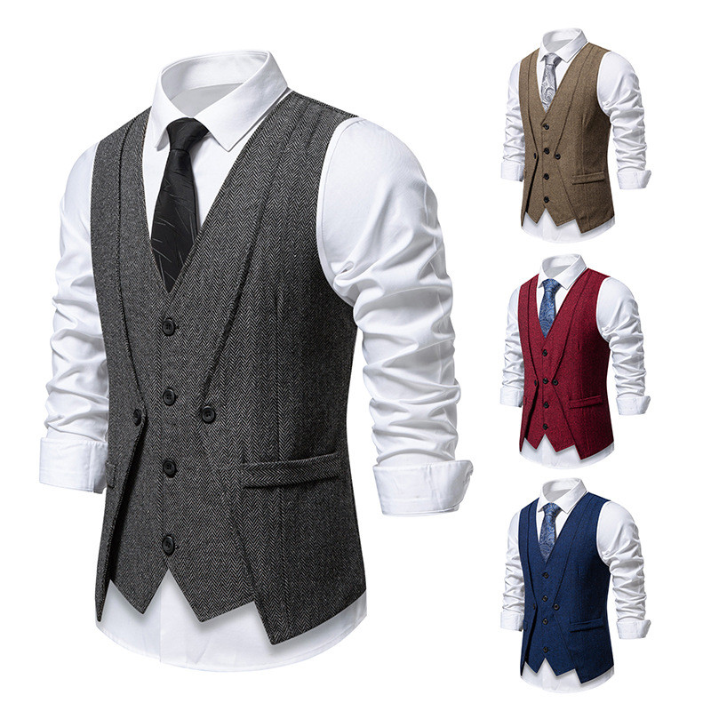 Masculino Espinha De Peixe Tweed Terno Colete Fino Ajuste Falso 2 Peças Casual Casamento Padrinhos