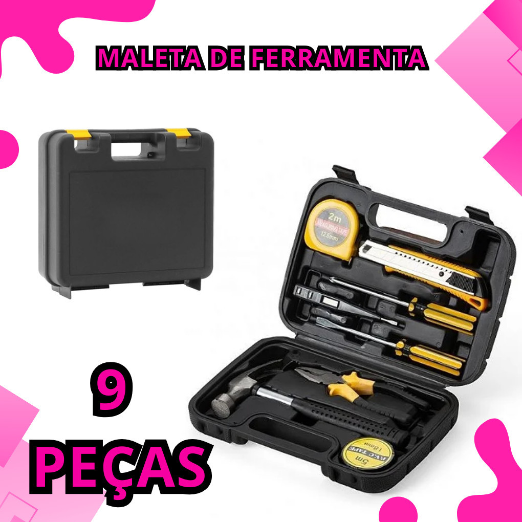 Conjunto Maleta Estojo Ferramentas 9 Peças Martelo Alicate Chave de Fenda Trena Portátil