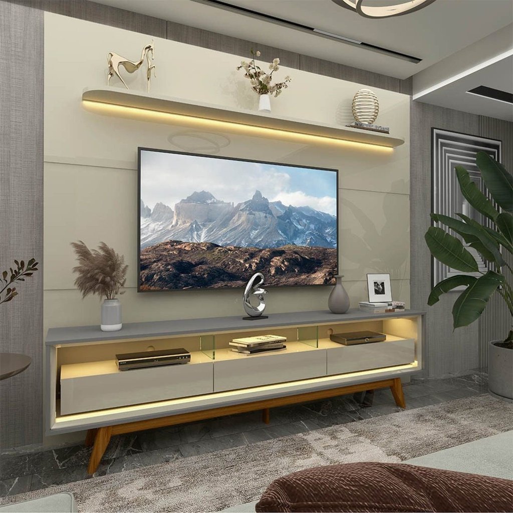 Rack com Painel para TV até 90 Polegadas com LED 100% MDF 219CMX253CM Pés em Madeira Maciça 3 Gavetas Royal Requinte