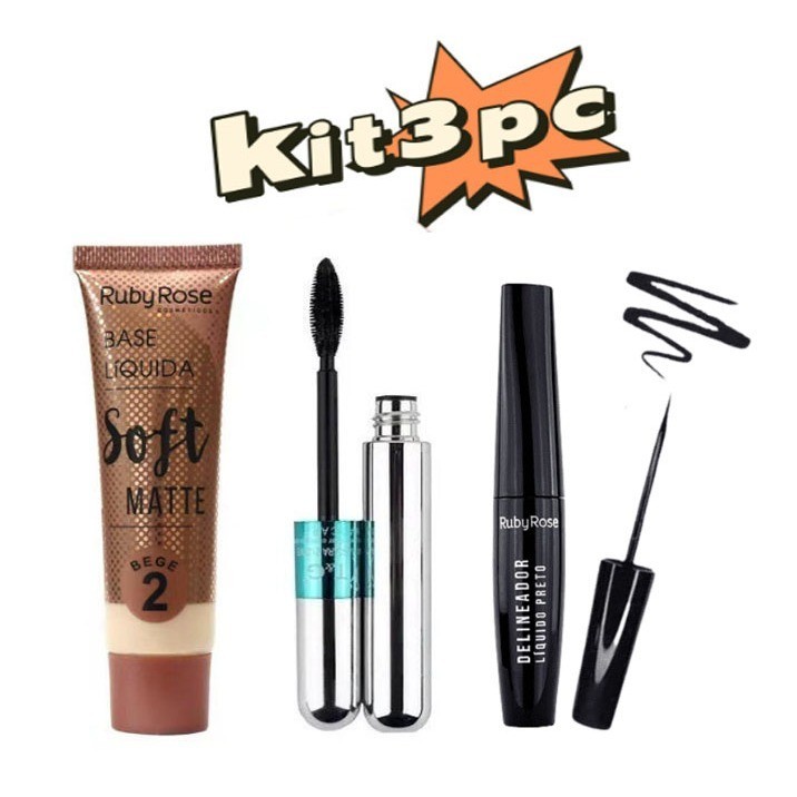 Kit /Base Líquida Soft Matte Bege HB8050 + DELINEADOR LIQUIDO PRETO Ruby Rose + RÍMEL 4D MÁSCARA DE CÍLIOS TANGO