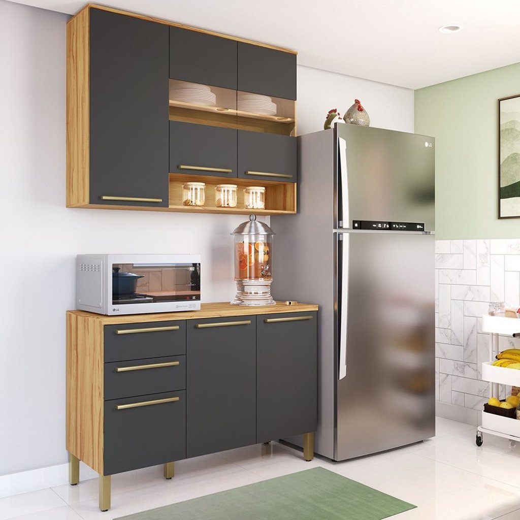 Armário de Cozinha Compacta Modulada 2 Peças 6 Portas com Tampo e Vidro 100% MDF Itália Espresso Móveis