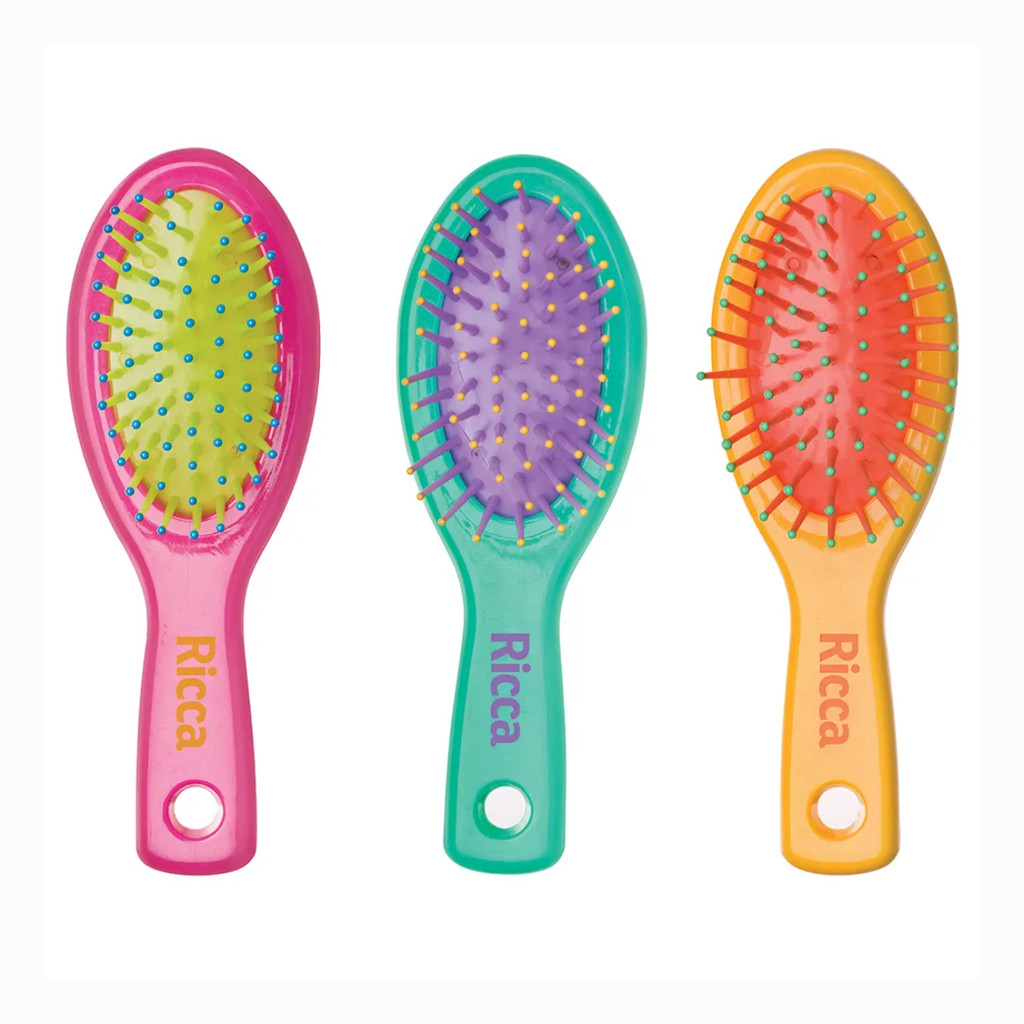 Mini Escovas de Cabelo Cristal Collors Escovinhas de Bolsa Viagem Ricca Amarelo Rosa e Verde