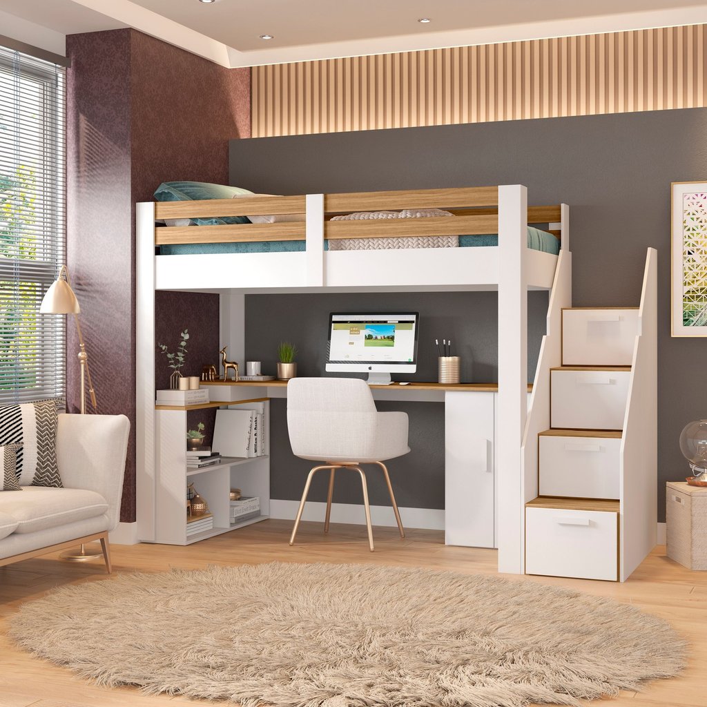 Cama Office Multifuncional Solteiro Adulto Star Plus Casatema MadeiraOriginals Branco/Montana