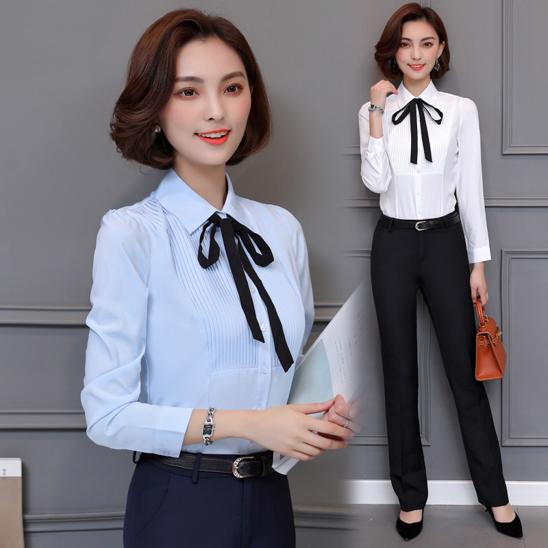 Primavera outono atado camisa branca feminina de manga comprida temperamento profissional plissado camisa branca magro-a