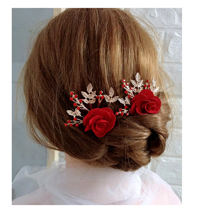 Acessórios para o cabelo do casamento nupcial flor vermelha cabeça flor strass pente de cabelo acessórios de casamento f
