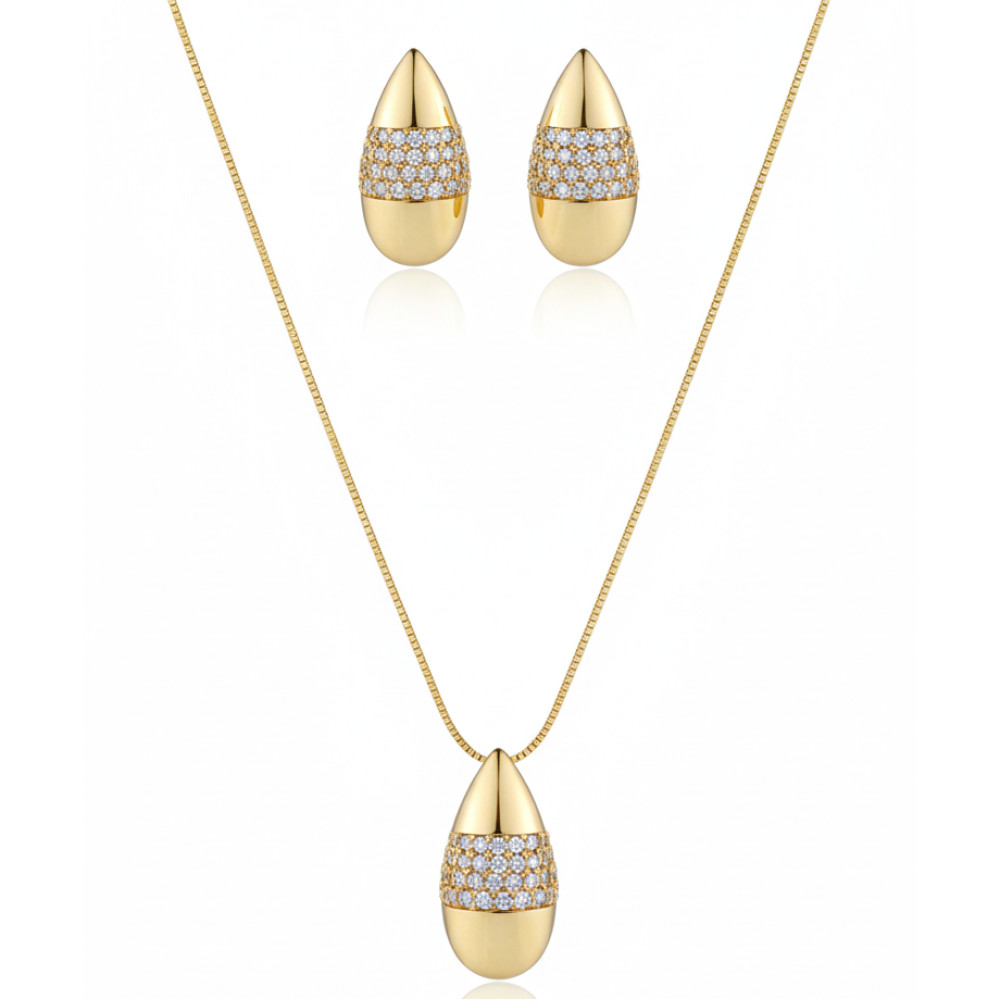Conjunto Gota Clássica com Faixa de Cristais Banhado | Feminino | Banhado Ouro 18K | Antialérgico | Semijoia