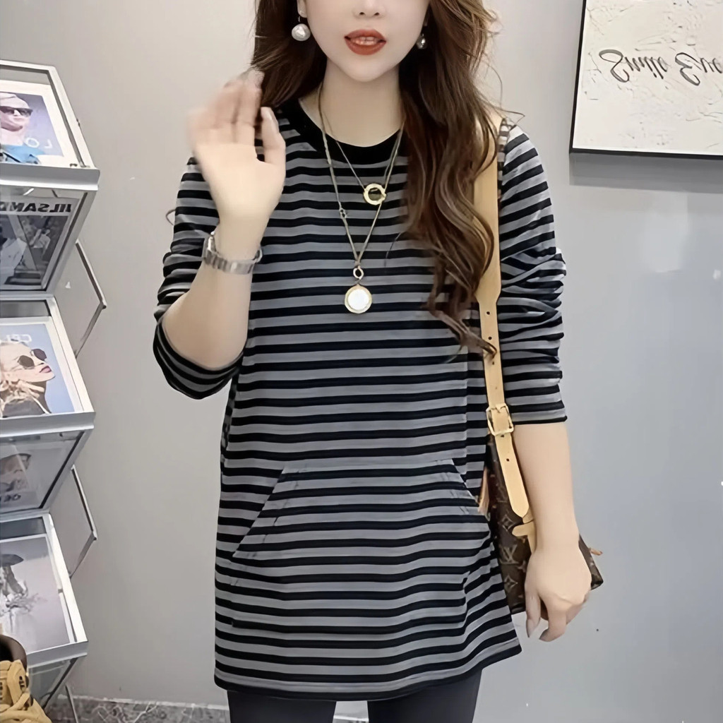Mulheres na moda estilo preguiçoso listrado manga comprida camiseta feminina 2026 início do outono novo estilo feminino 