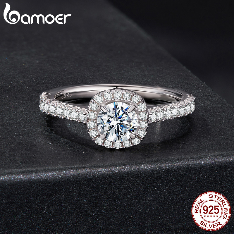 Anel De Prata Esterlina 925 Bamoer Quadrado Halo Moissanite Joias Da Moda Presen