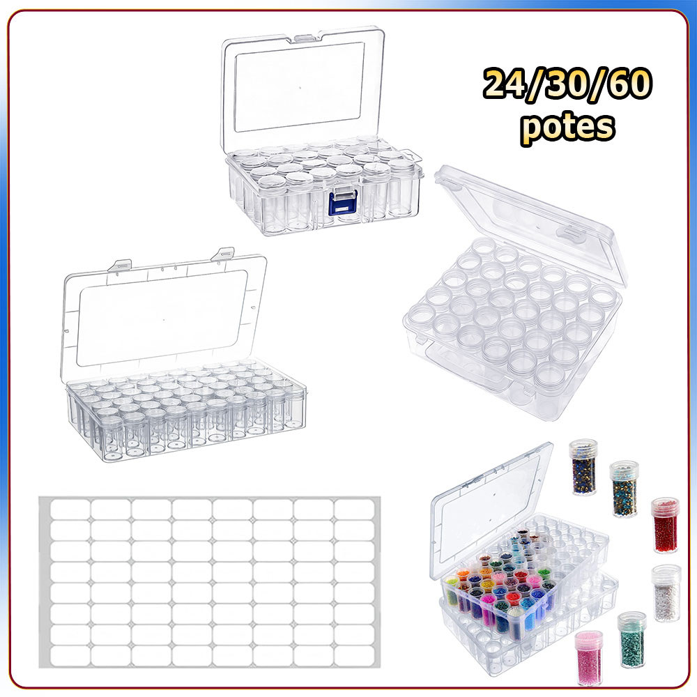 Caixa organizadora para strass 60/30/24 potes redonda com etiqueta para strass de nail art strass miçangas e sementes