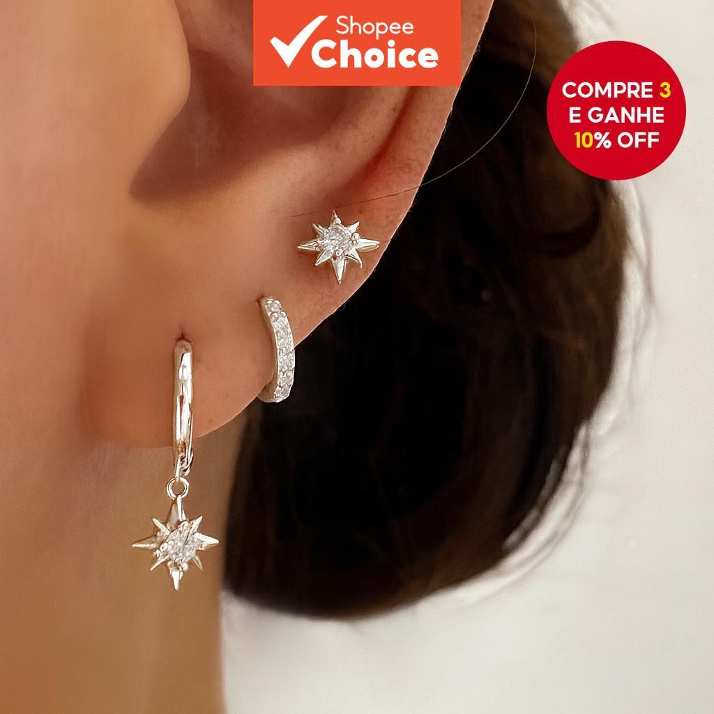 Três Peças Estrela Lua Cruz Orelha Punhos Minimalista Elegante Conjunto De Joias Femininas