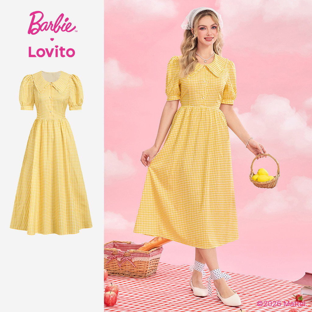 Barbie™ X Lovito Casual Vestido Amarelo Verão Barra Babados Feminina DRBL4PAD018