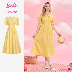 Barbie™ X Lovito Casual Vestido Amarelo Verão Barra Babados Feminina DRBL4PAD018