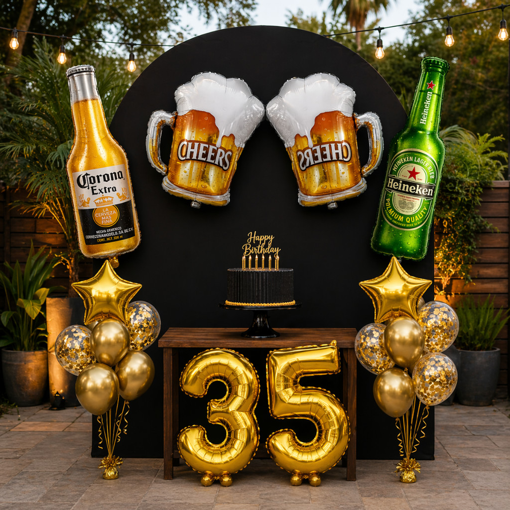 Kit Decoração Festa Boteco Completo Balões Cerveja Dourado + Números 32 Polegadas  Aniversário Masculino