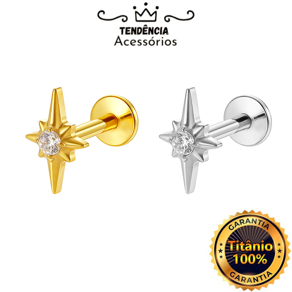 Titanium Piercing North Star PVD With Zircônia For Conch Tragus Helix Lobe Cartilage Labret