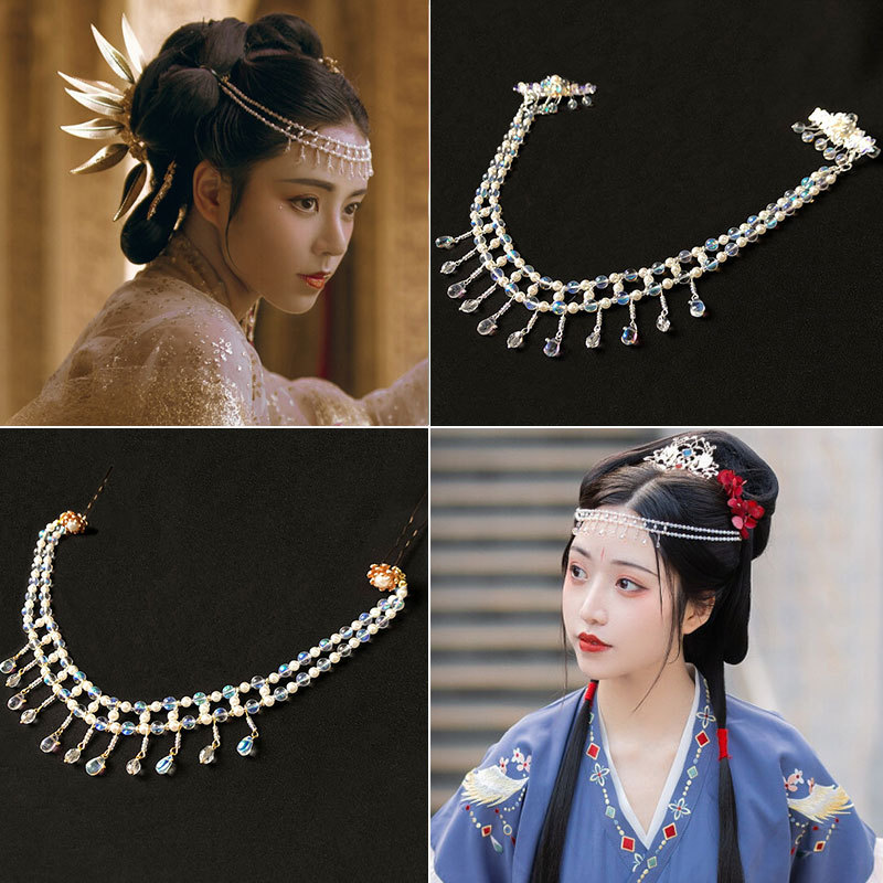 Estilo antigo acessórios de cabelo Hanfu cocar sobrancelha pingente borla passo agitando testa decoração traje antigo fl