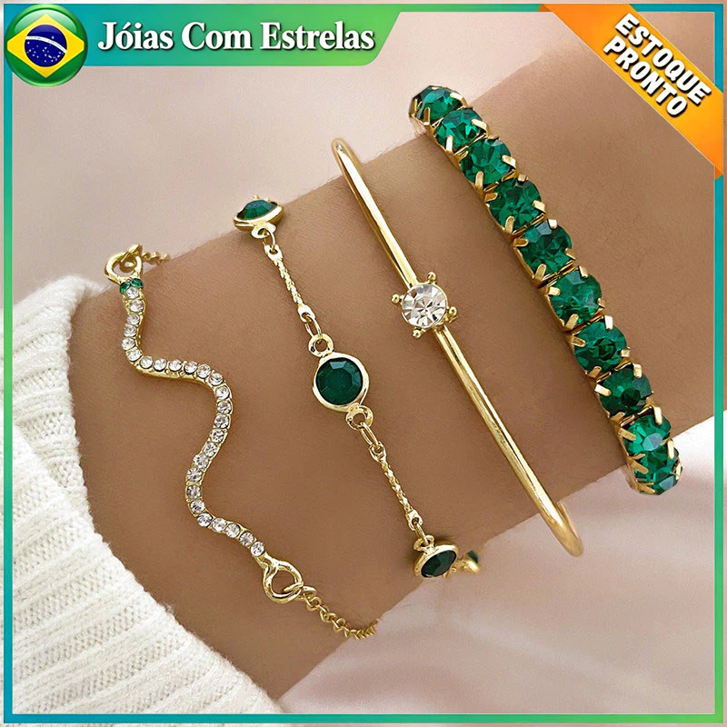 Conjunto de 4 peças Pulseira esmeralda verde diamante elástico pulseira feminina cobra pulseira metal moda — imagem 1