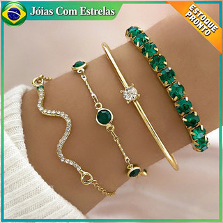 Conjunto de 4 peças Pulseira esmeralda verde diamante elástico pulseira feminina cobra pulseira metal moda