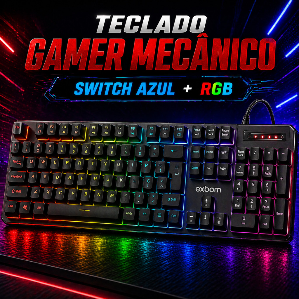 Teclado Gamer Mecânico RGB Switch Azul ABNT2 Anti Ghosting USB 17 Modos Iluminação