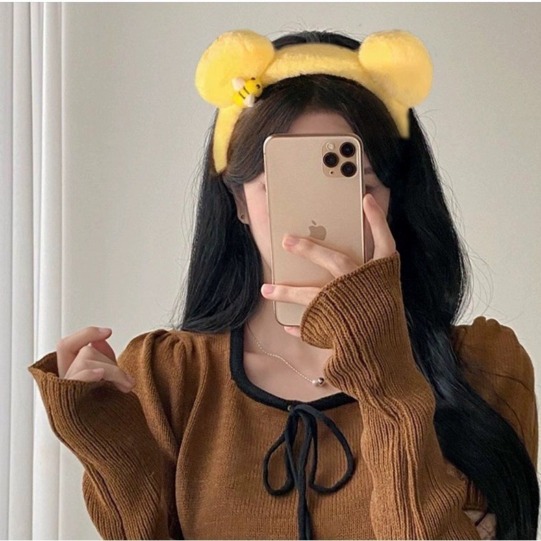 Doce feminino pequena abelha de pelúcia rosto lavagem maquiagem bandana pequeno urso orelha imprensa cabelo bandana aces