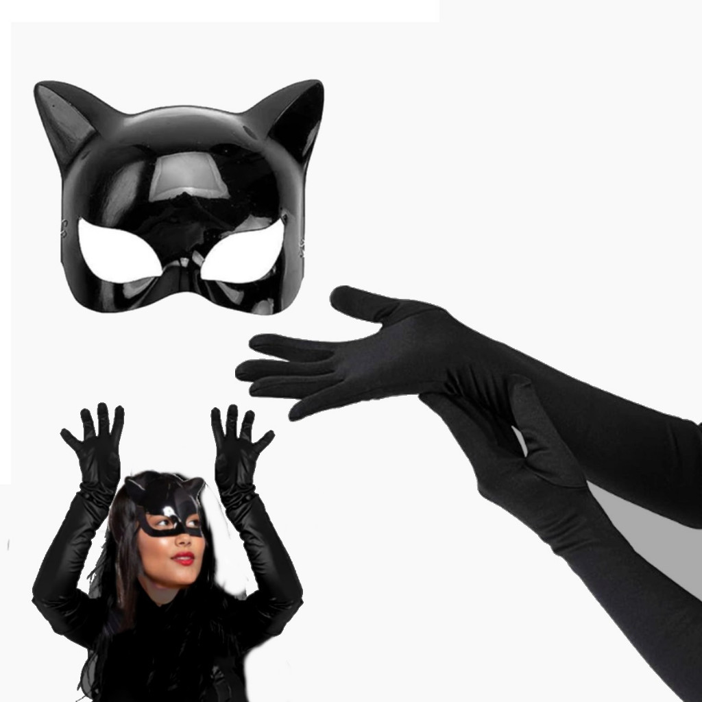 Fantasia Mulher Gato Luva e Máscara Halloween Festa Carnaval