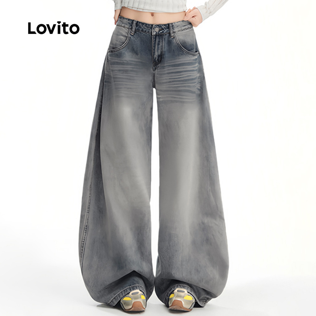 Lovito Jeans Casual Baggy Lavados com Bolso Botão Primavera/verão Calça Azul para Mulheres L185AD151 — imagem 2 de 2