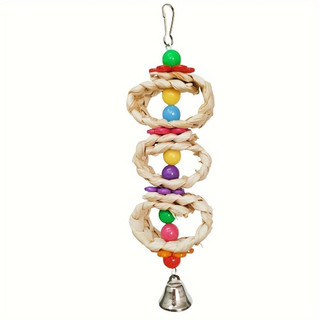 Brinquedo de Mastigar para Papagaios com Sino e Contas Coloridas e Vibrantes - Pendurador de Gaiola para Pássaros em Fol