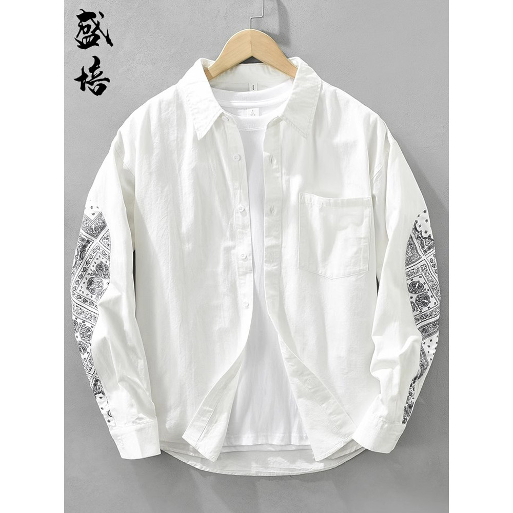 Costura impressa camisa masculina Street Wear algodão Casual High-End rufião bonito jaqueta masculina camisa de manga co