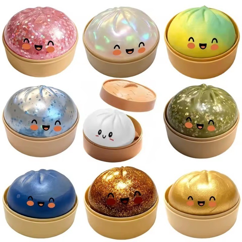 Glitter Bolinho Squishies Brinquedo Bun Baozi Caixa Misteriosa Comida Colorida Mole Sensorial Anti Estresse Espremer Bol
