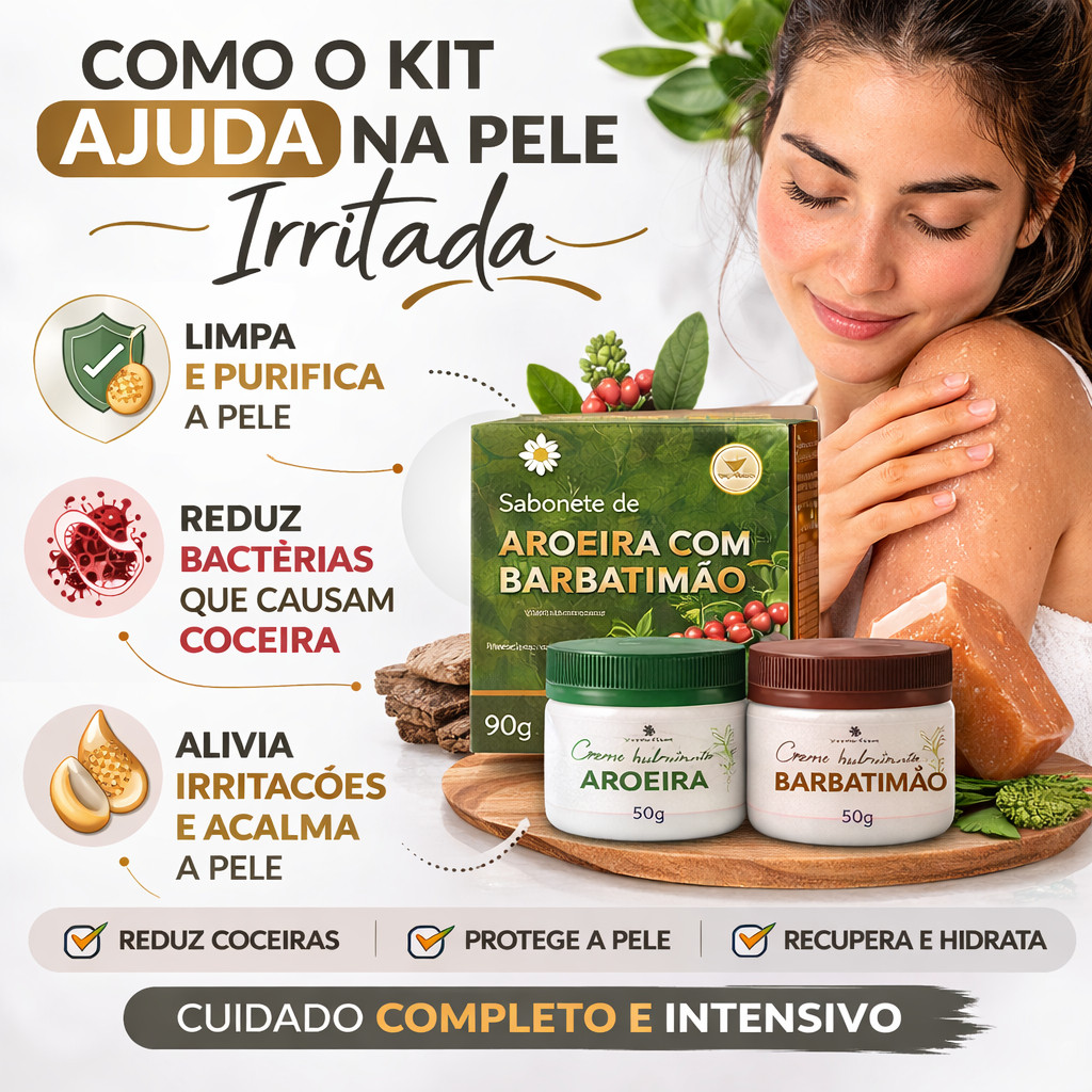 Kit sabonete aroeira e barbatimão + creme aroeira + creme barbatimão para coceiras e pele irritada