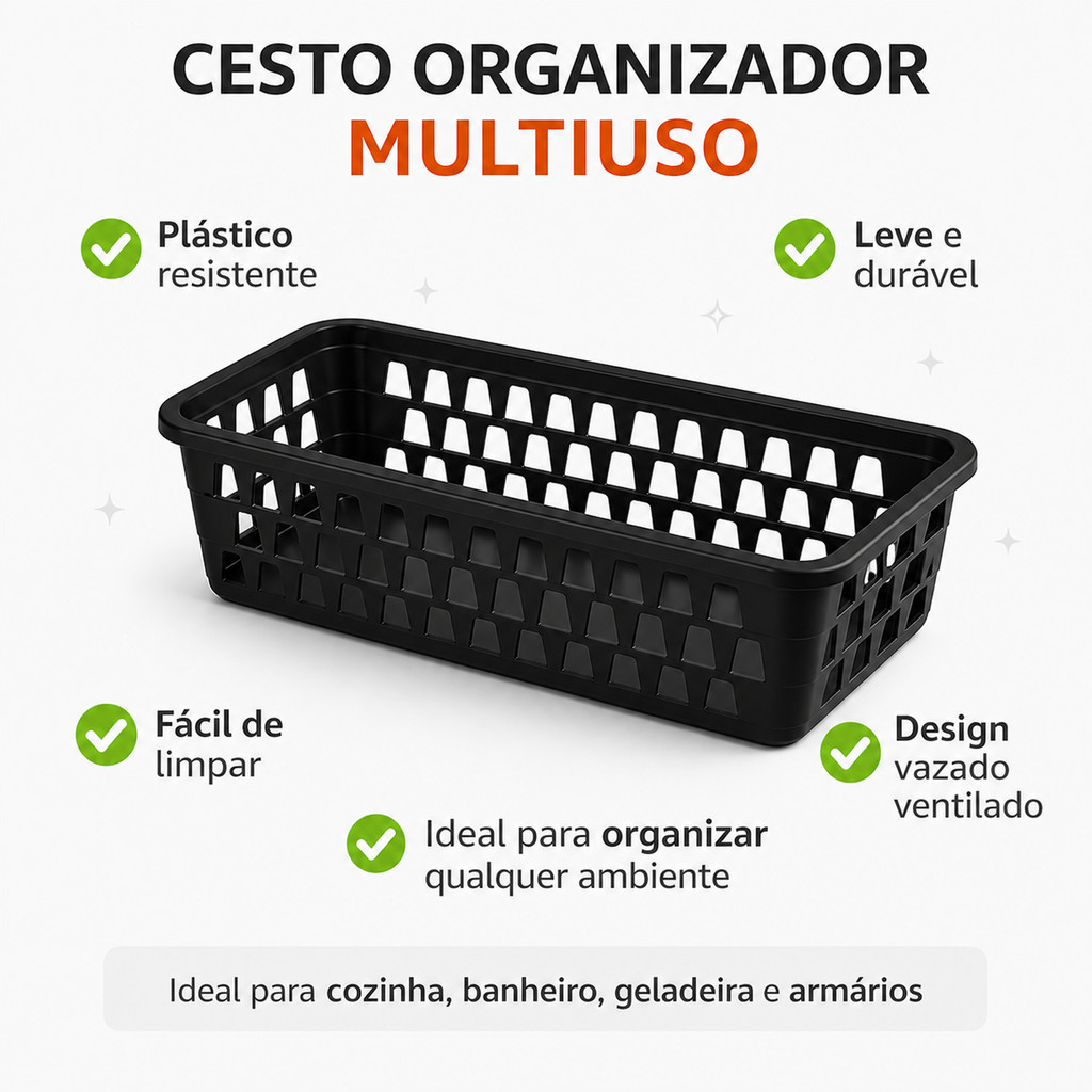 Kit Cesto Retangular Organizador Multiuso Plastico Para Cozinha Banheiro Gaveta E Armário — imagem 2 de 2