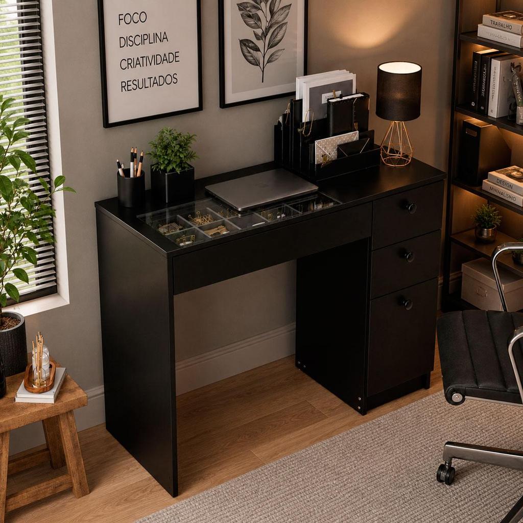 Mesa de escritório Ditália 4 Gav c/tampo vidro PE-150