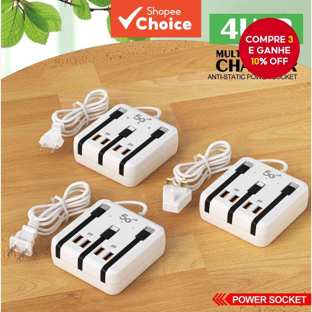 4 Portas USB + PD Carregador Multifuncional Power Strip Tipo-C Carregamento Rápido Adaptador De Mesa Carga Rápida3.0 Via