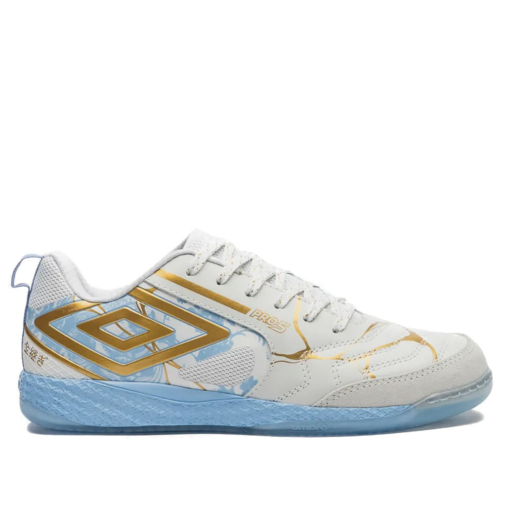 Chuteira Futsal Umbro Pro 5 Bump Kintsugi Azul/Dourado
