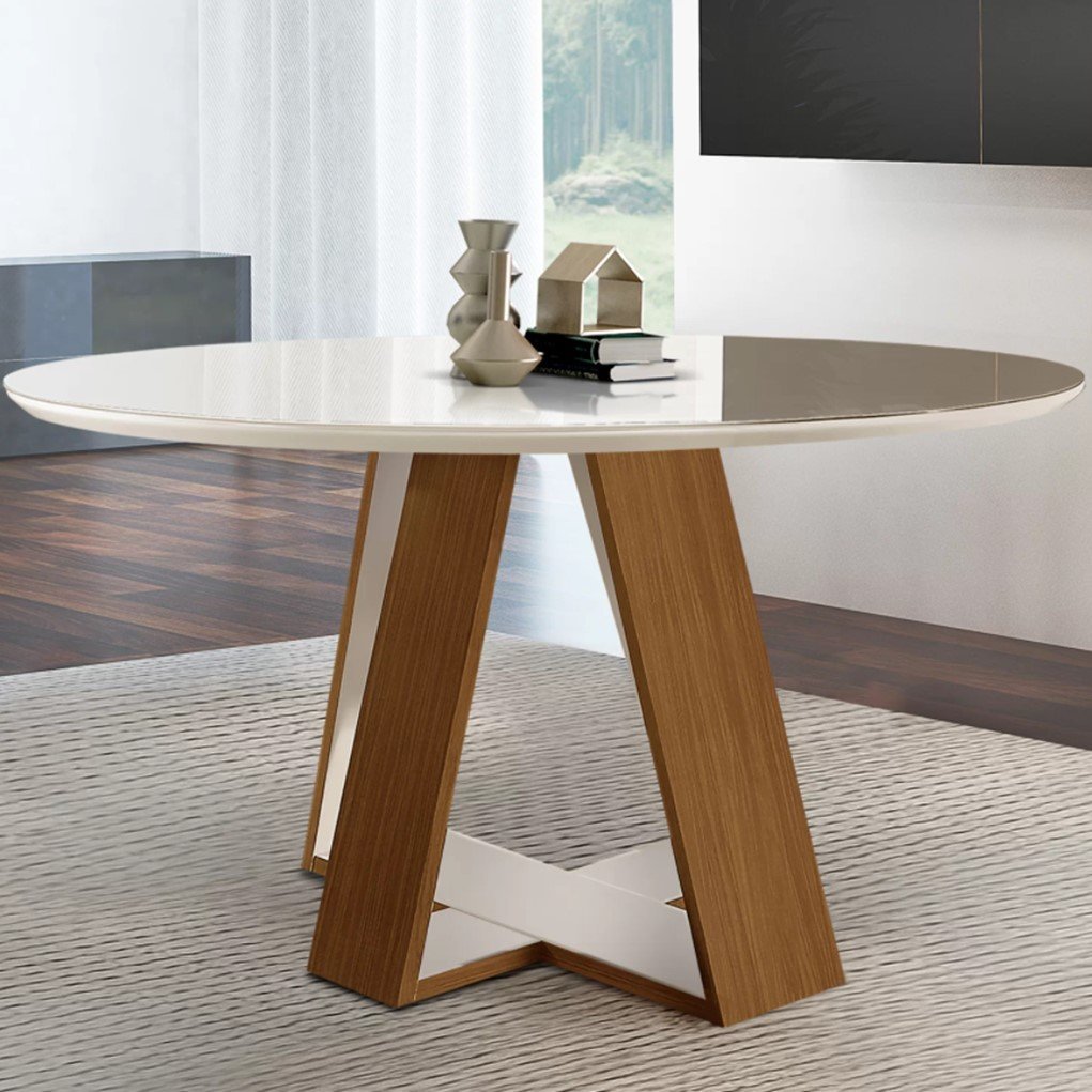 Mesa Redonda 4 Lugares Tampo com Vidro/Laca Grécia Marrom/Castanho Cinamomo/Off White Castanho Cinamomo/Off White
