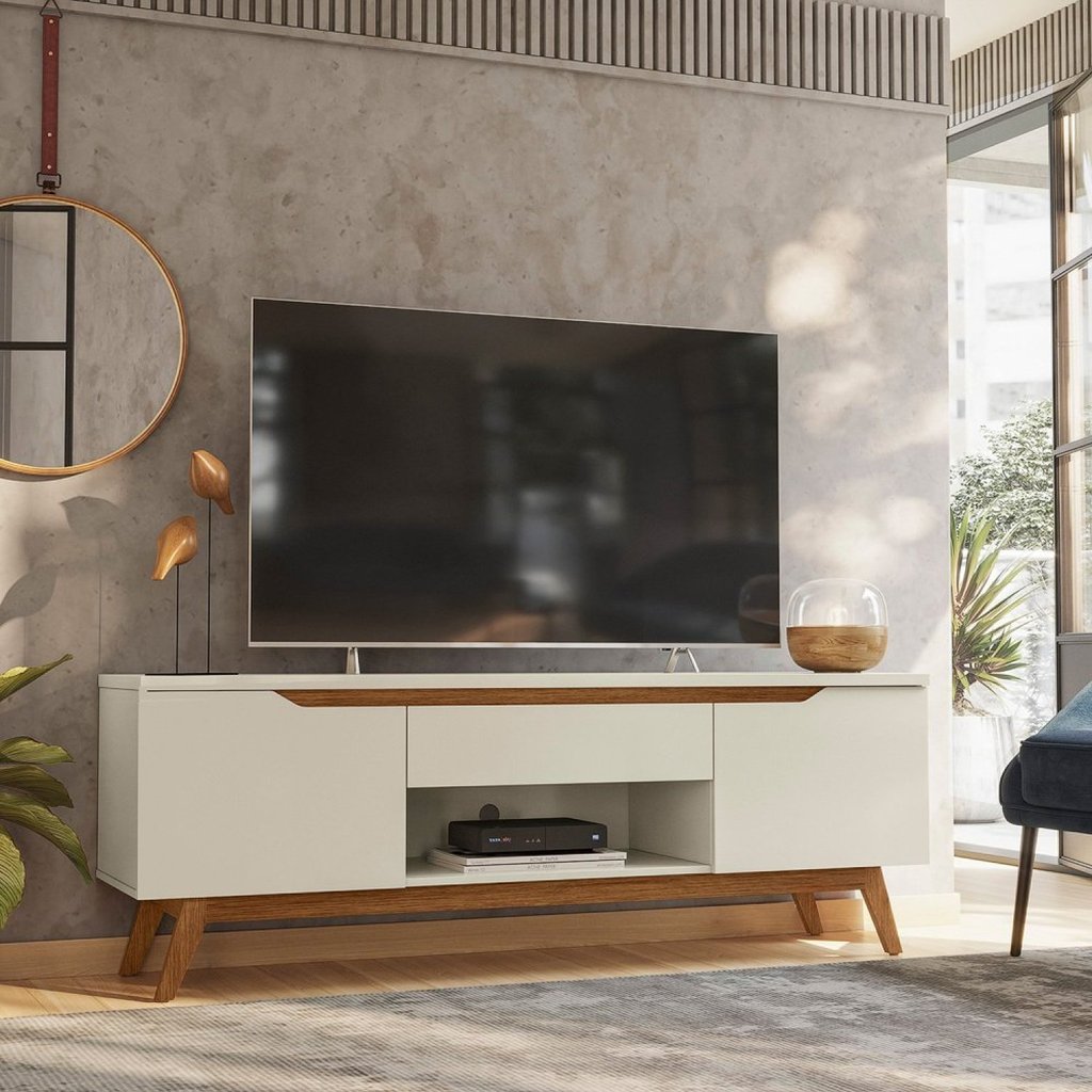 Rack Retrô para TV até 55 Polegadas MDF 162cm Pés em Madeira Maciça Tóquio Bege Off White Off White