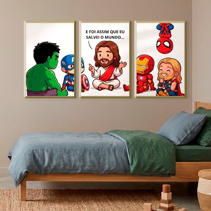 Quadro Decorativo 3 peças 40x60 Jesus nosso salvador heroi gospel evangélico