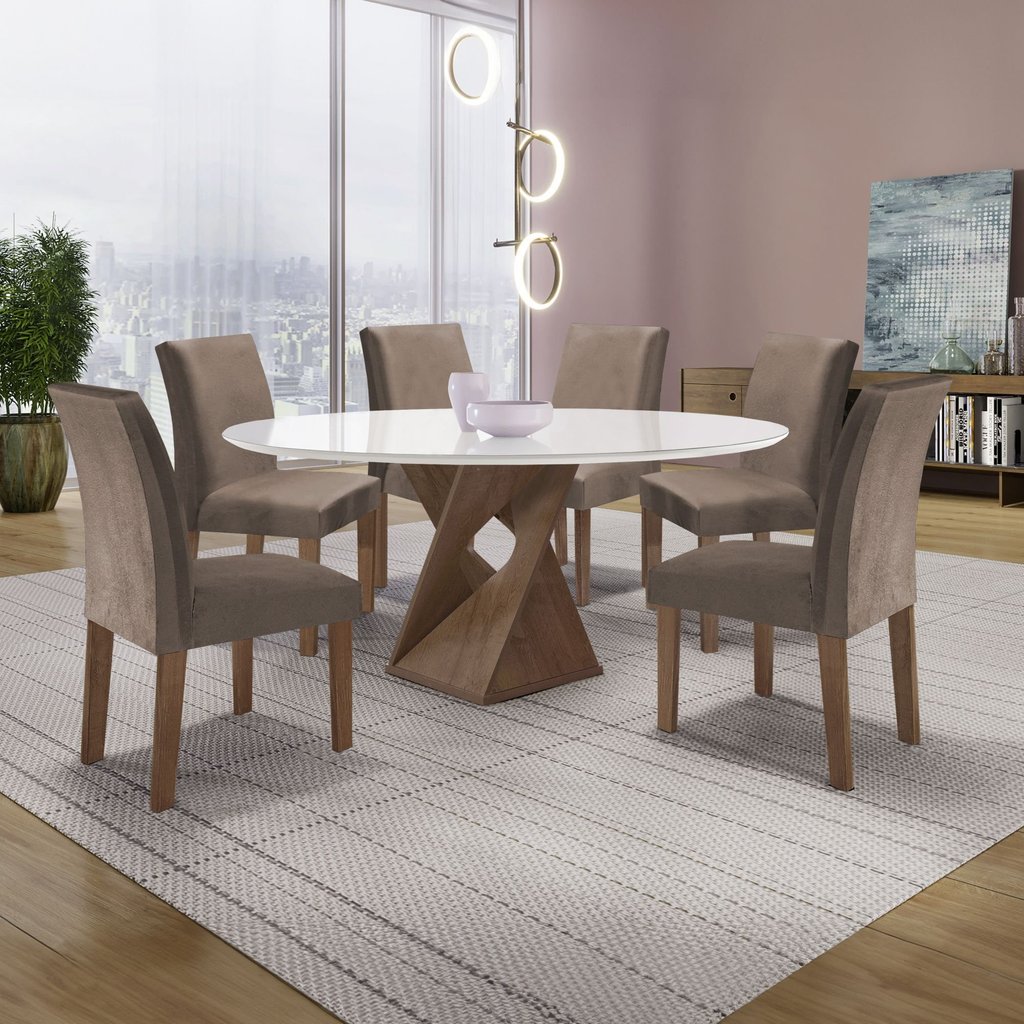 Conjunto Mesa Barcelona 120cm com 6 Cadeiras Espanha Tampo Plus Redondo Vidro Yescasa Chocolate/Off White/Areia