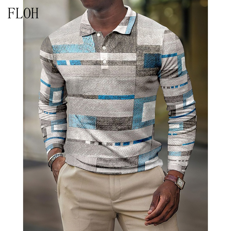 Camisas Polo Masculinas, Camisa Casual Estampada em 3D, Camisa de Manga Longa para Primavera, Tamanhos Grandes, Roupas d