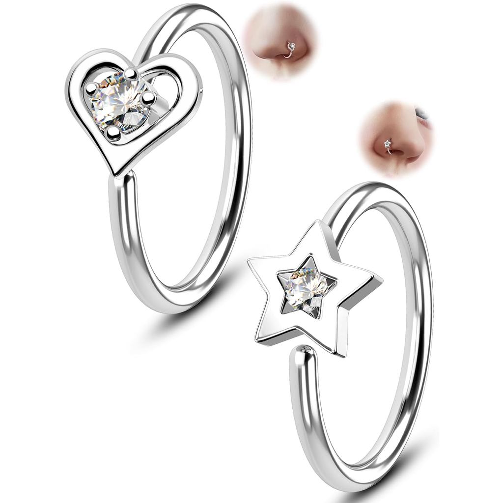 Melighting Conjunto de 20 Anéis de Nariz Abertos Sem Costura, Argola de Nariz em Forma de Estrela e Coração com Zircônia
