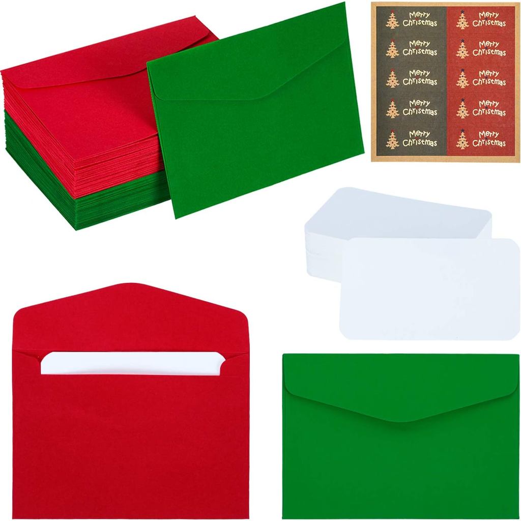 Outus 80 Sets Christmas Mini Card Envelopes Red and Green Tiny Envelopes with White Blank Note Cards and Christmas Tree