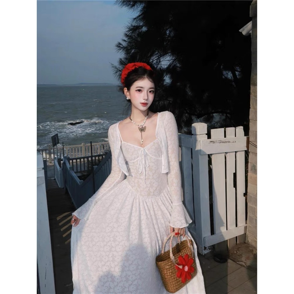 Golpe de produtos Niu X!Popular francês branco renda estiramento Jacquard Cardigan estilingue saia longa feminina primav
