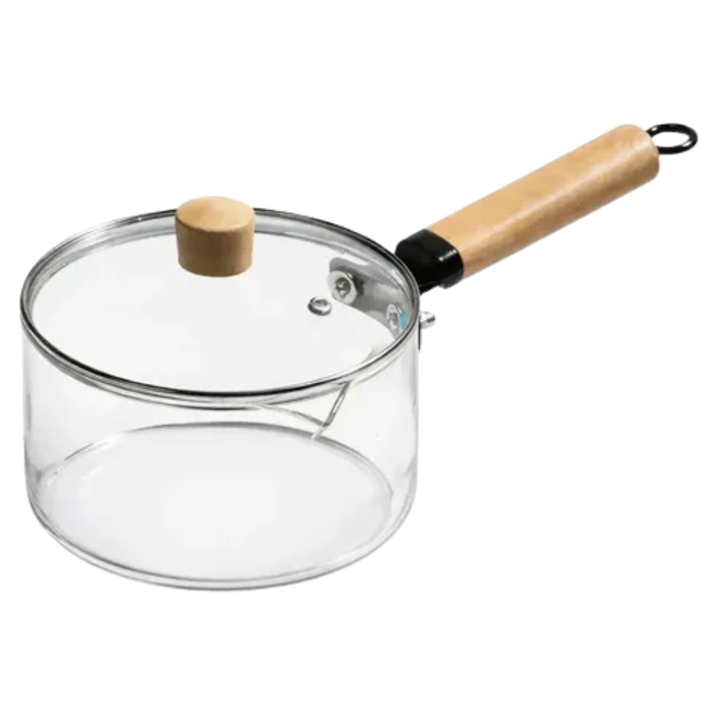 Panela de Vidro 2.3L com Tampa e Cabo Tipo Bambu Resistente, Vai ao Fogo, Não Transfere Sabor aos Alimentos