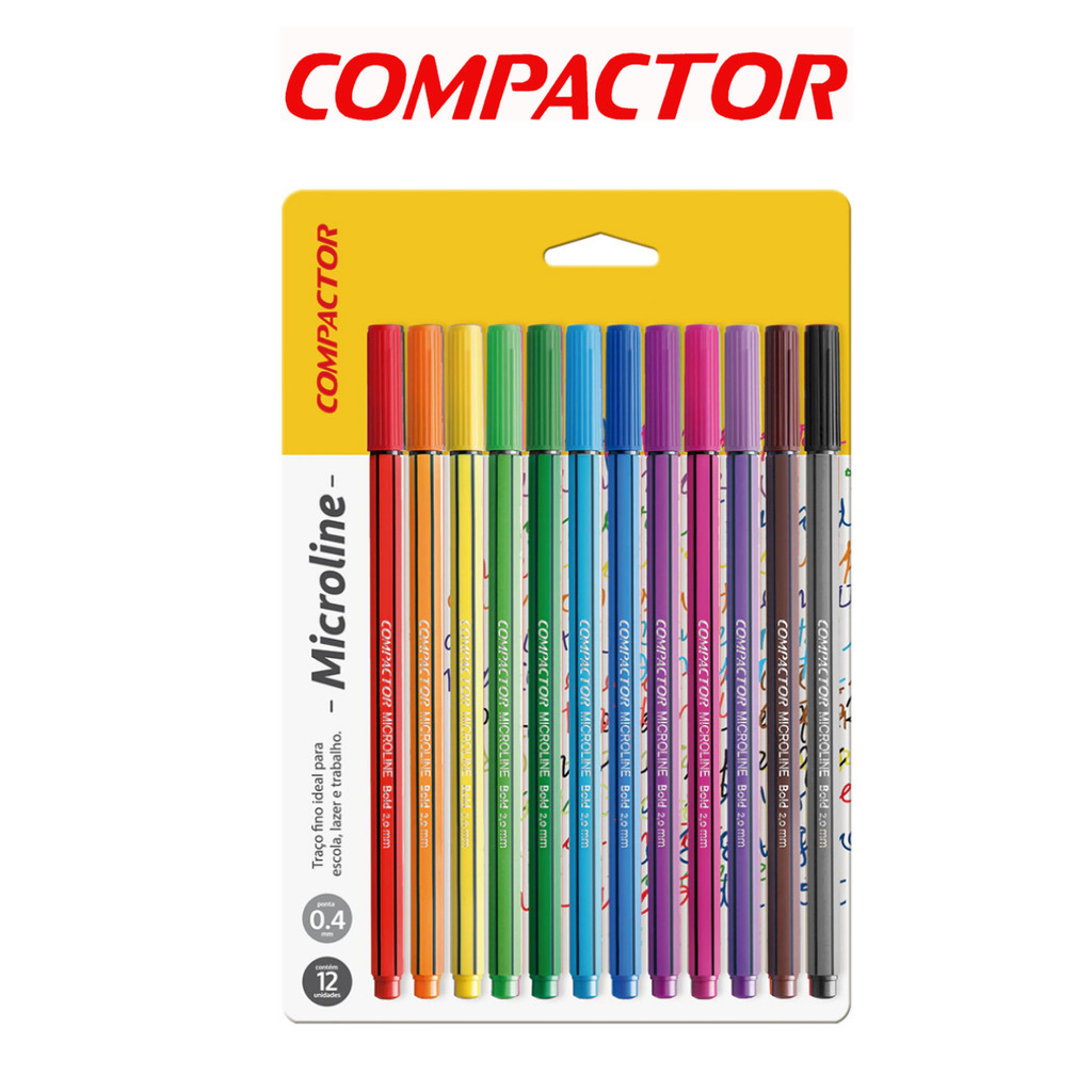 Kit 12 Canetas Coloridas Fineliner 0.4mm - COMPACTOR