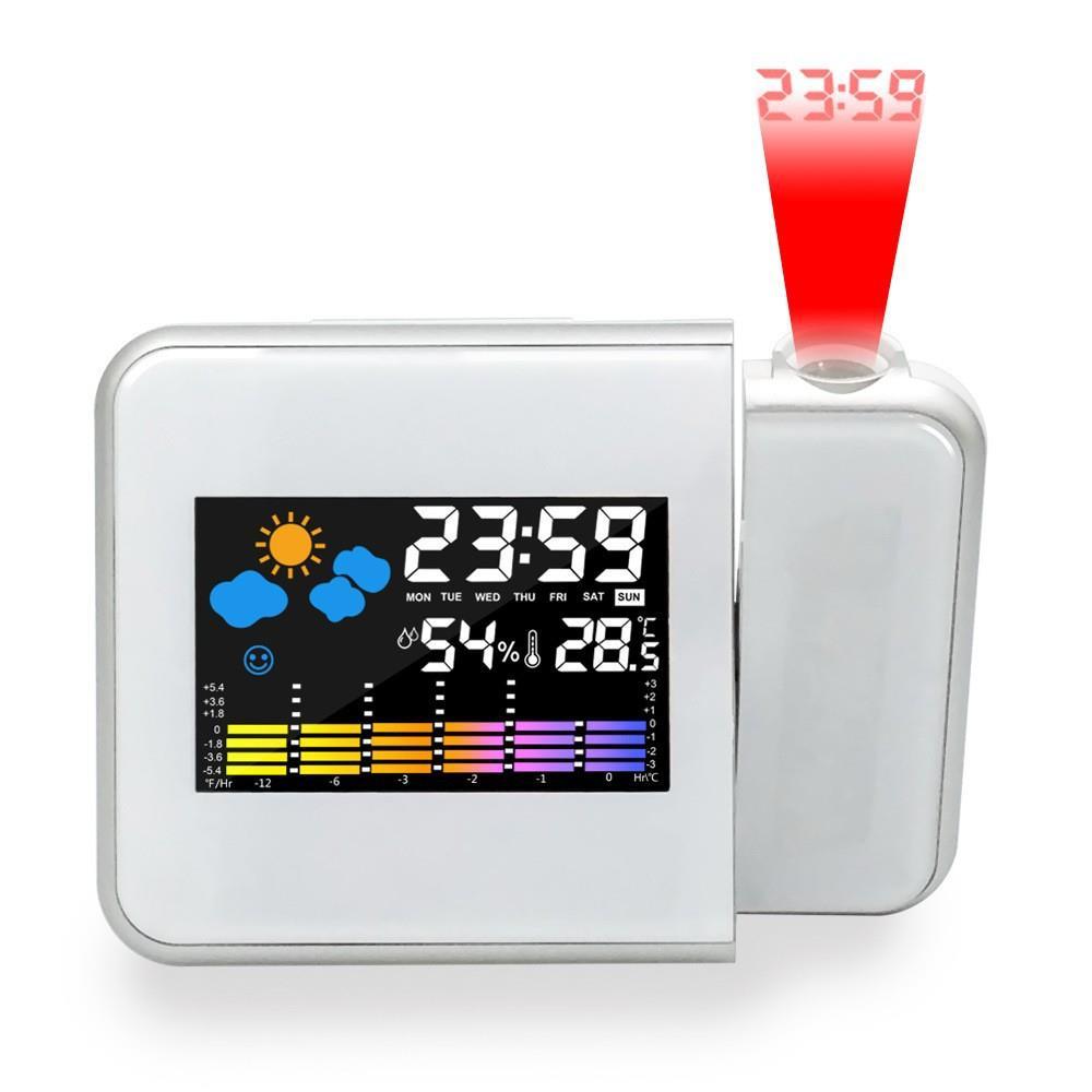 Previsão do tempo relógio de projeção rotativa LED despertador controle voz Backlight tela colorida temperatura relógio