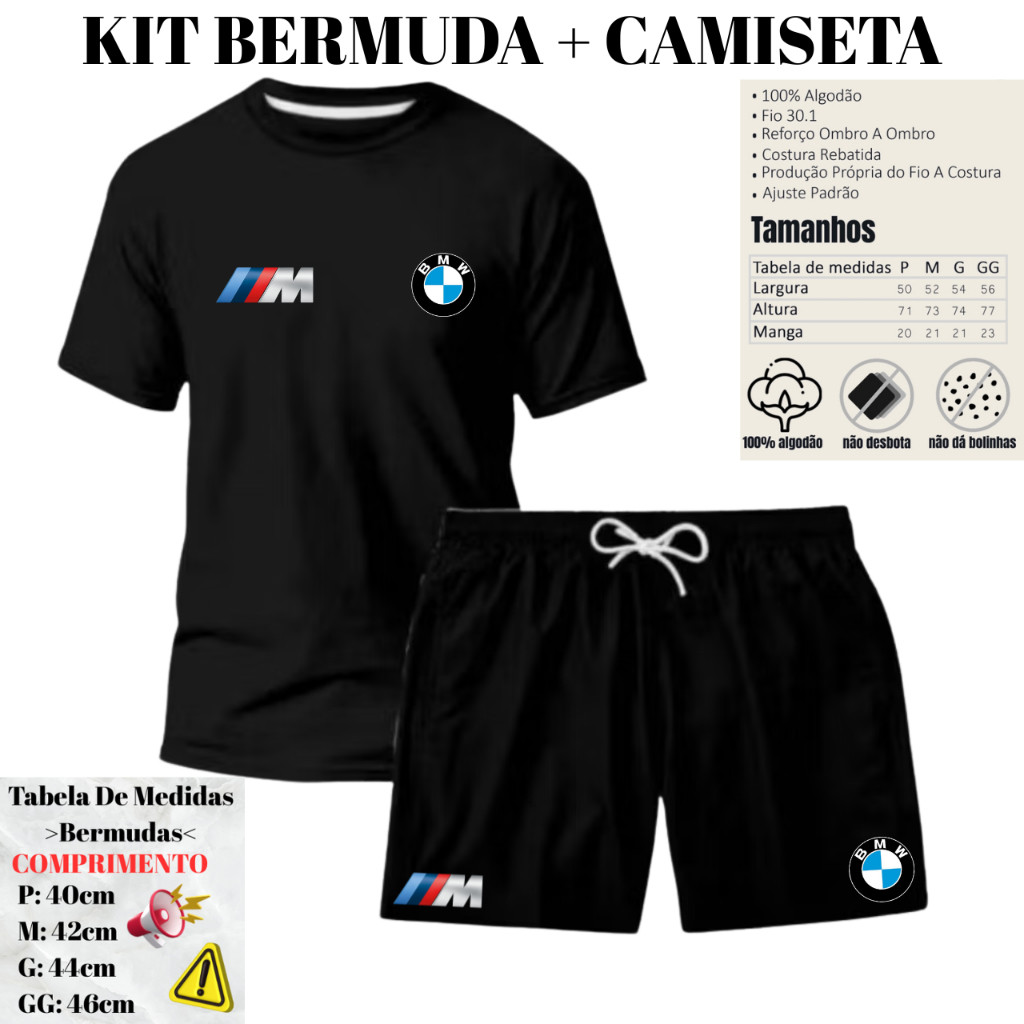 Kit Conjunto Masculino Premium Bmw Camiseta Algodão + Bermuda Tactel P ao GG Preto Branco BMW M
