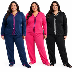 Pijama Longo Plus Size Americano Feminino – Botão Malha Premium