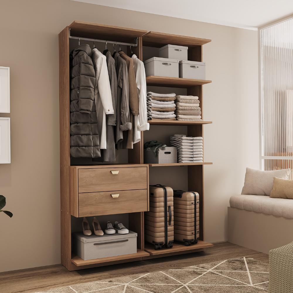 Guarda-Roupa Closet Modulado Sem Portas 2 Gavetas Alasca 120cm Freijó Carraro