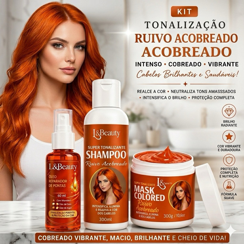 Kit Shampoo Tonalizante Ruivo 300ml + Máscara Tonalizante 300gr + ÓLEO Reparador 60ml - L&beauty Profissional